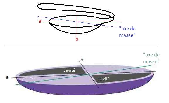 On nomme a et b respectivement «&nbsp;grand axe&nbsp;» et «&nbsp;petit axe&nbsp;» géométriques&nbsp;; et l'axe de masse, «&nbsp;axe d'inertie&nbsp;». 