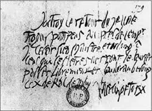 «&nbsp;J'octroy le retour du jeune Trogus Pompeus au près d l'emp[ereu]r J. César, sien maistre, et ordoing à ceus qui ces tetres verront le laisser passer librement et l'aider au besoing. ce X de Kal de may. VERCINGETORIX&nbsp;»
